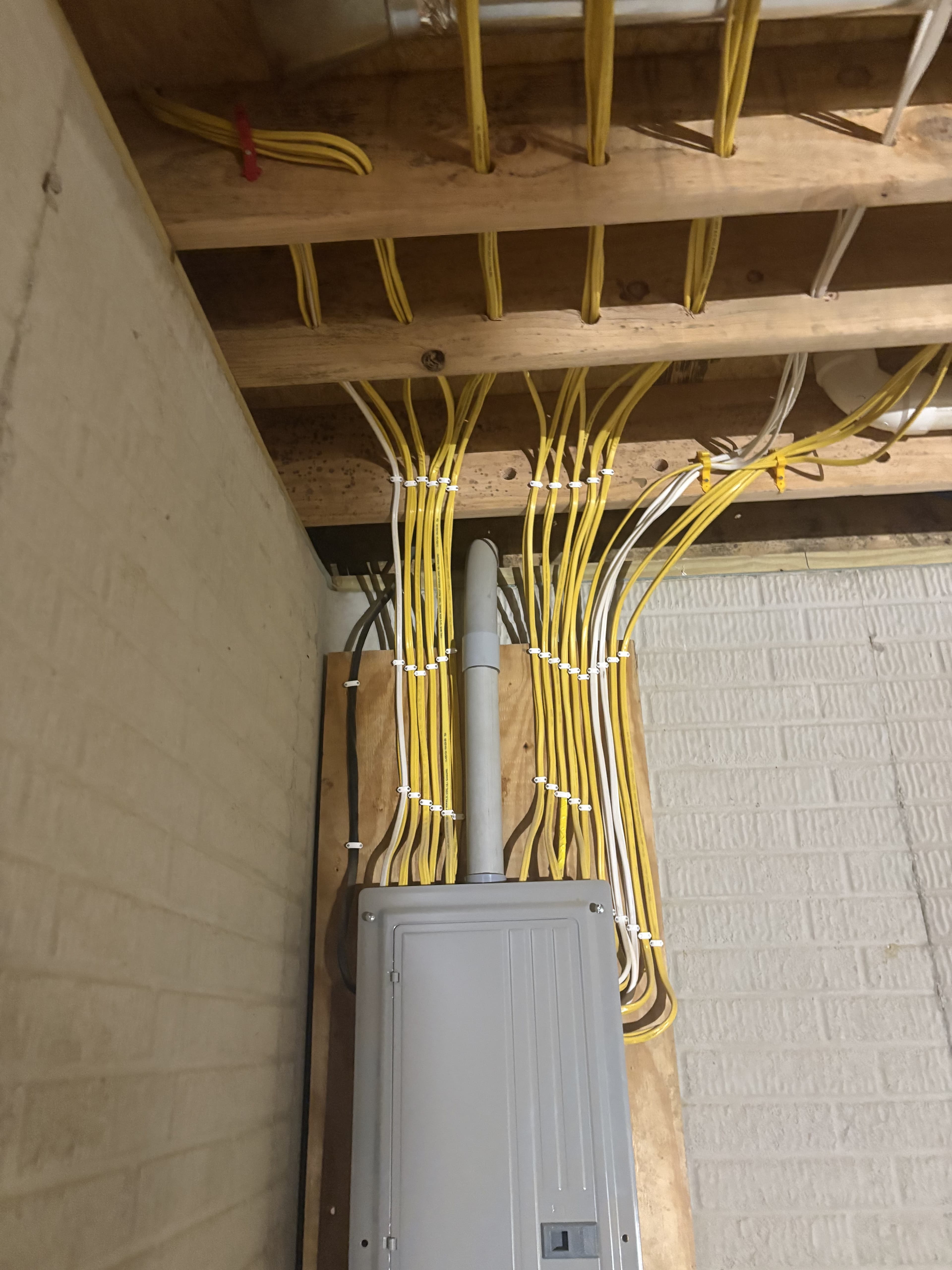 Multiple branch circuit homeruns routed above a panel during rough-in.