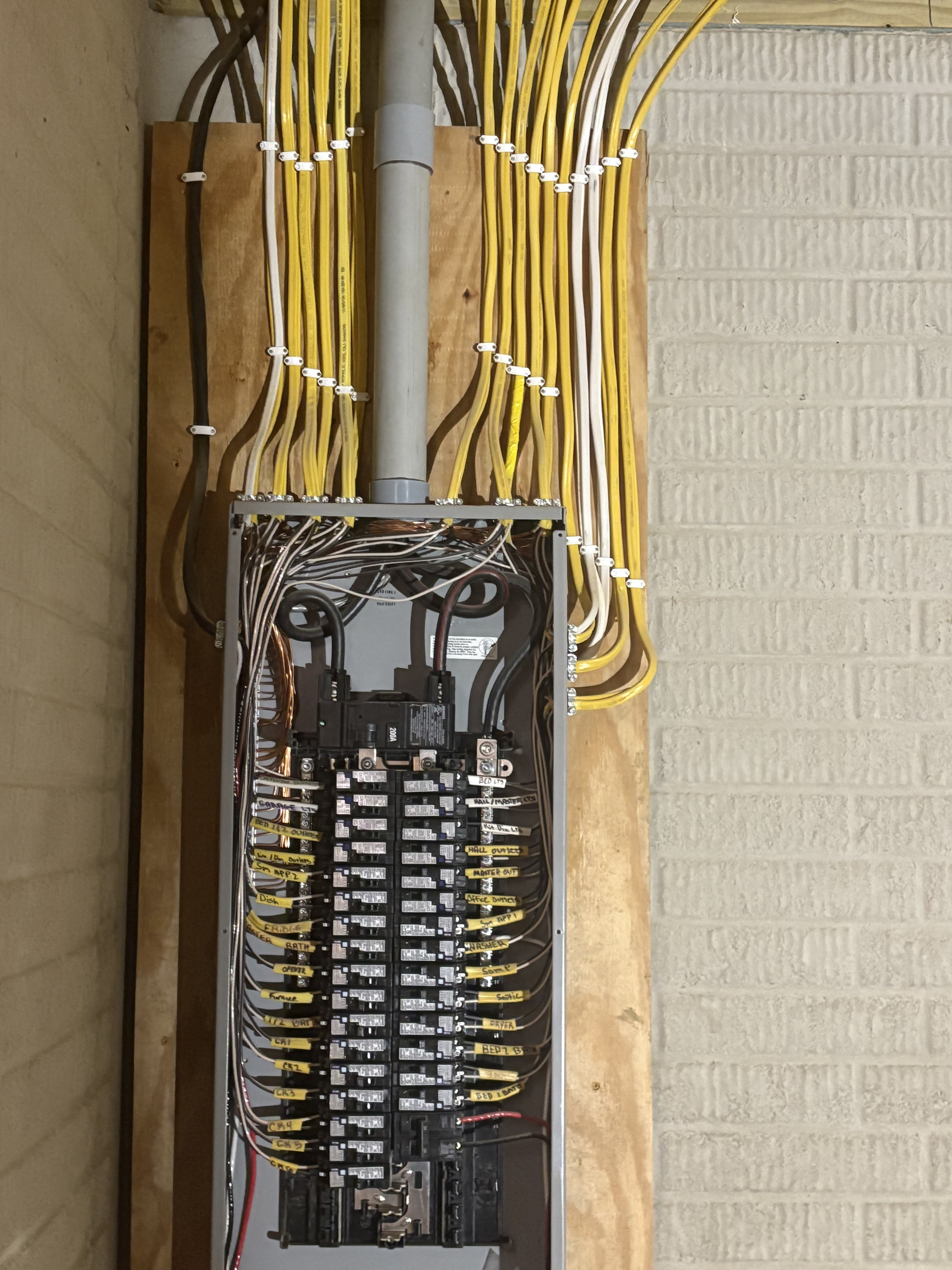 Electrical panel with organized wiring and terminations.